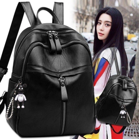 Zaino Da Donna Alla Moda In Pelle PU Grande Capacità Multi Cerniera Zainetto Casual Da Viaggio Con Ciondolo A Orso