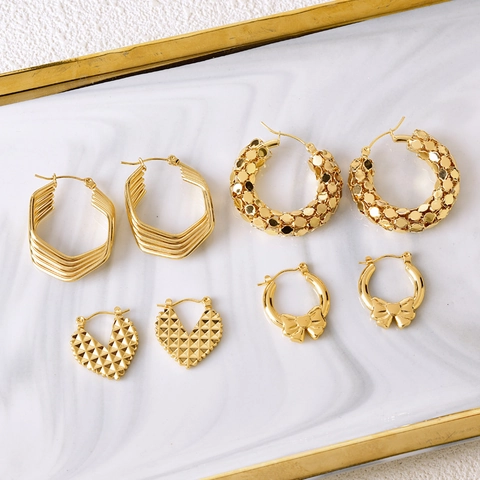 Gold Plated Titanium Steel Hoop Earrings Geometric Heart Bowknot Textured Luxury Fashion Jewelry For Women