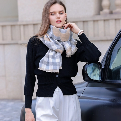 Bufanda de Cuadros Floral para Mujer Imitación Cachemira Gruesa Cálida Invierno Chal Con Borla Elegante Envoltura para Dama