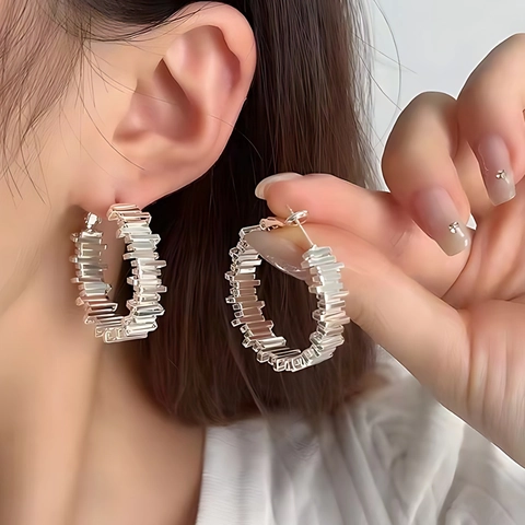 Orecchini A Cerchio A Forma Di C Geometrici Impilati Metallo Intrecciato Consistenza Irregolare Stile Industriale Retrò Per Donne
