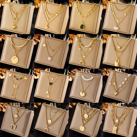 Layered Necklace Gold Plated Stainless Steel Multi-layer Chain With Butterfly Heart Coin Pendants Vintage Style For Women