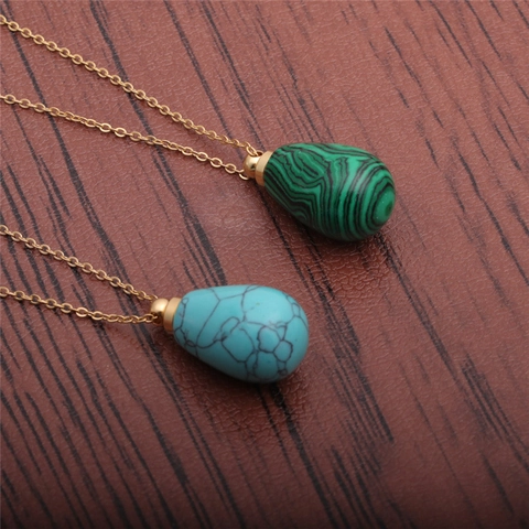 Natural Stone Perfume Bottle Pendant Necklace Stainless Steel Chain Water Drop Essential Oil Diffuser Healing Jewelry