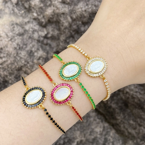 Virgin Mary Adjustable Bolo Bracelet Copper Gold Plated Colorful Zircon Shell Religious Jewelry For Women