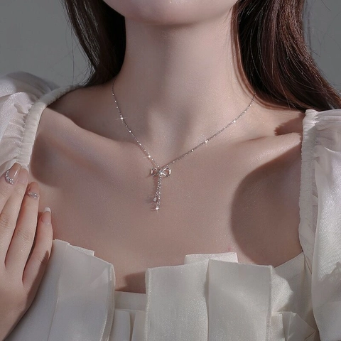 925 Sterling Silver Bowknot Tassel Necklace Elegant Rhinestone Pendant Clavicle Chain For Women Fashion Jewelry Gift