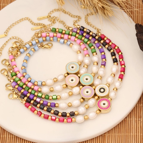 Evil Eye Beaded Bracelet Stainless Steel Shell Imitation Artificial Pearl Bohemian Adjustable Hand Jewelry For Women Fashion