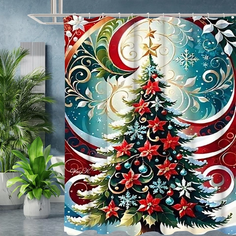 Weihnachts Duschvorhang Polyester Wasserdicht Mit Haken Weihnachtsmann Rentier Winter Schnee Landschaft 3D Druck Badezimmer Dekor