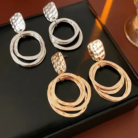 Pendientes Colgantes Redondos Multicapa Martillados Vintage Geométricos Aleación Con Poste De Plata Para Mujer Moda
