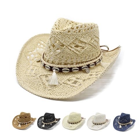 Western Cowboy Strohoed Voor Dames Heren Hol Ademend Zonbescherming Strandhoed Met Schelp Kwastje Boheemse Band
