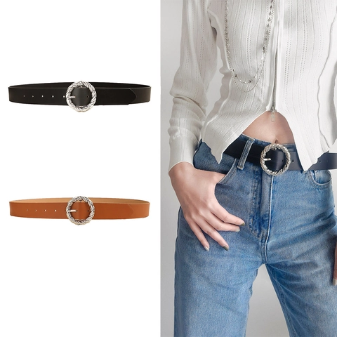 Women Vintage PU Leather Belt With Round Twisted Silver Alloy Buckle Solid Color Adjustable Waist Belt For Jeans Daily Accessory