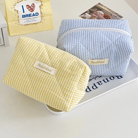 Borsa Da Trucco Trapuntata A Righe In Cotone Con Cerniera Grande Capacità Organizzatore Da Viaggio Borsa Per Cosmetici