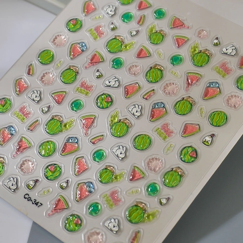 5D Relief Nail Art Stickers Cute Watermelon Rabbit Fruit Embossed Waterproof Self-Adhesive Decals Summer Cartoon Decoration