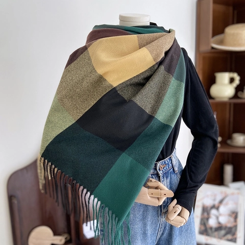 Sciarpa Invernale A Quadri Grandi Per Donna Scialle Spesso Caldo In Imitazione Cashmere Con Frange Morbido Elegante