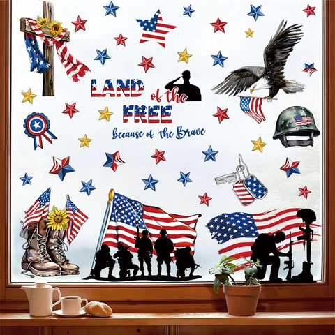 Independence Day Window Stickers PVC Static Clings Red White Blue US Patriotic Memorial Day Decor Star Soldier Silhouette