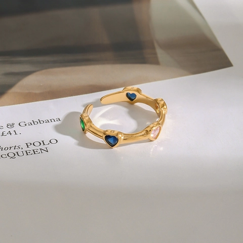 Stainless Steel 18K Gold Plated Open Ring With Colorful Heart Zircon Adjustable Elegant Vintage Jewelry For Women