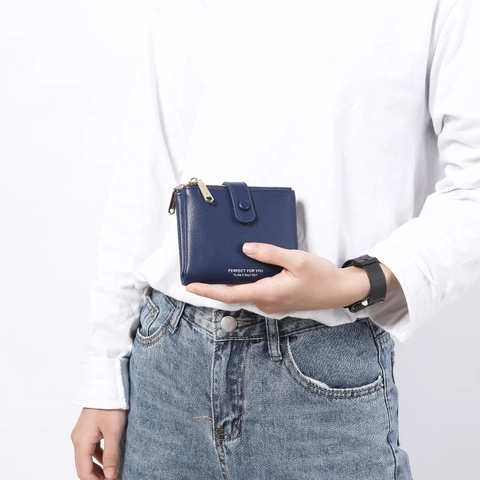 Portafoglio Corto Donna Pelle PU Motivo Litchi Bottone Pressione Tasca Zip Slot Carte Pochette Minimalista