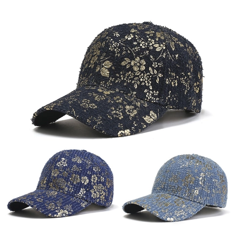 Vintage Denim Baseball Cap For Women Gold Foil Floral Rose Print Curved Brim Outdoor Sunshade Adjustable Hat