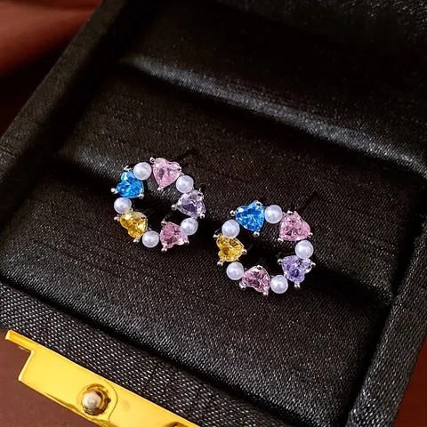 Pendientes De Botón Con Corona De Circonita De Corazón Colorido Con Poste De Plata Y Perla Artificial De Imitación Joyas Para Mujeres