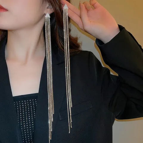 Rhinestone Long Tassel Drop Earrings With 925 Sterling Silver Earring Post Geometric Triangle Elegant Party For Women