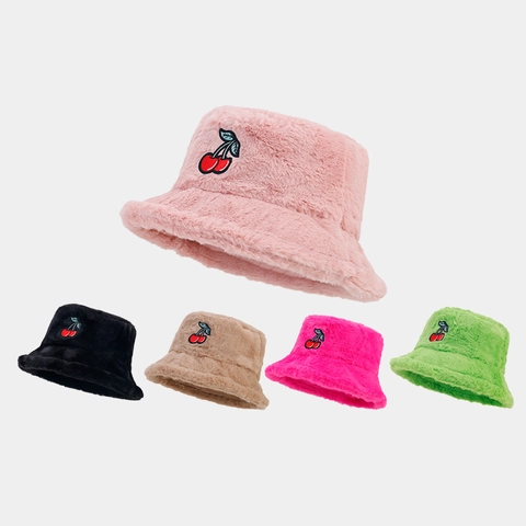 Chapeau Bob En Peluche Broderie Cerise Pour Femme Hiver Chaud Fausse Fourrure Douce Style Doux
