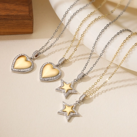 Collana Con Ciondolo Cuore Stella Rame Placcato Oro Pavé Zircone Bicolore Gioielli Di Moda Per Donna Elegante Catena