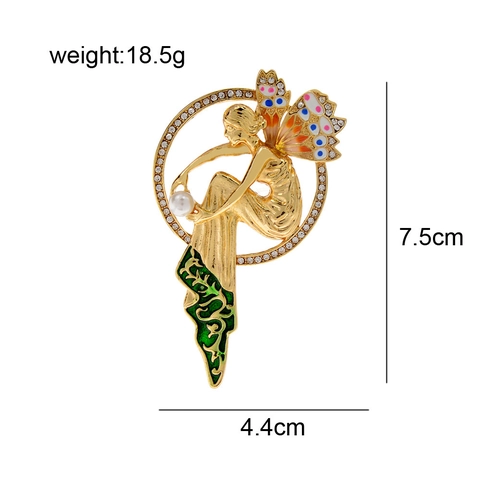 Broche De Hada Vintage Alfiler Aleación Esmalte Ala Diamantes De Imitación Círculo Con Perla Artificial De Imitación Estilo Francés