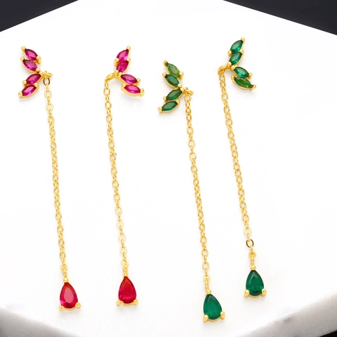 Elegante Lange Quasten-Ohrringe Blattform Vergoldetes Kupfer Marquise- Und Birnenschliff Zirkonia Baumeln Für Damen