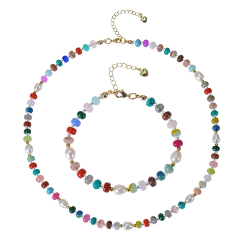 Bohemian Beach Beaded Necklace And Bracelet Natural Stone Freshwater Pearl Crystal Abacus Bead Handmade Jewelry Women
