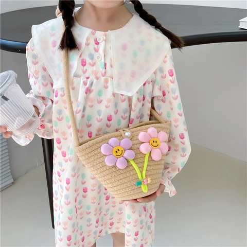 Borsa a Tracolla Intrecciata in Cotone e Lino per Bambini Carina Borsa a Spalla con Fiori 3D per Ragazze Portamonete Borsa da Spiaggia