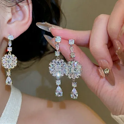 Luxury Floral Zircon Copper Drop Earrings With 925 Sterling Silver Earring Post Elegant Teardrop Pendant Women Jewelry