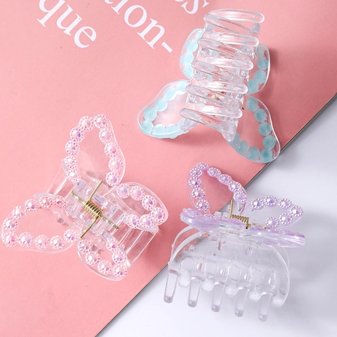 Butterfly Hair Claw Clip Transparent Plastic Rhinestone Encrusted Sweet Korean Style Hair Accessories For Women