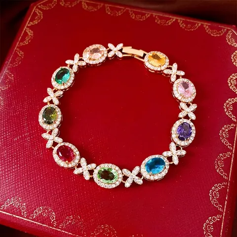 Pulsera De Cobre Chapada En Oro De Lujo Vintage Con Circonita Cúbica Ovalada De Colores Joyería Elegante Para Mujer