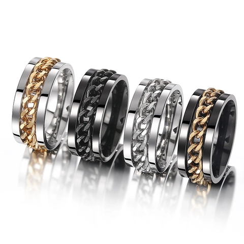 Rotatable Cuban Chain Spinner Ring Stainless Steel Hip Hop Punk Industrial Style Stress Relief Men Women Jewelry