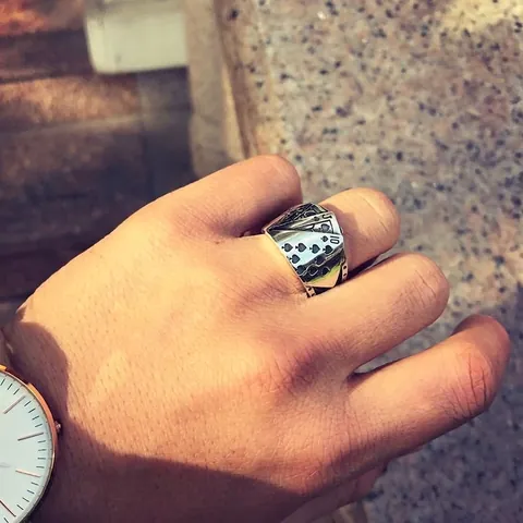 Royal Flush Poker Card Ring Zinc Alloy Rhinestone Adjustable Open Vintage Distressed Retro Hip Hop Style For Men Women