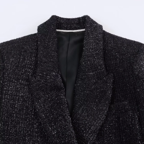 Dames Mode Double-breasted Metaaldraad Tweed Blazer Jas Elegante Zwarte Gouden Knoop Lange Mouw Kostuum Jas Bovenkleding