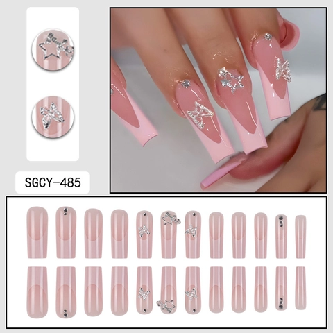 Uñas Postizas Press On Forma Ataúd Larga French Degradado Rosa Mariposa Plata Estrella Charms Estrás Dulce Y2K Manicura