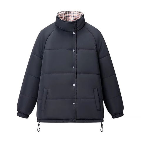 Omkeerbare Gewatteerde Jas Dames Geruite Voering Los Casual Opstaande Kraag Zoom Trekkoord Polyester Warme Mantel