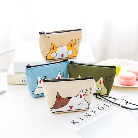 Cartoon Cat Face Coin Purse Canvas Zipper Mini Wallet Portable Small Storage Pouch For Keys Cards Japanese Style