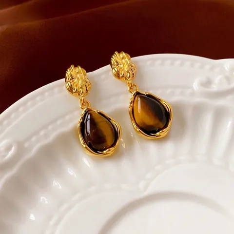 Vintage Water Drop Earrings Natural Tiger Eye Gemstone With Silver Earring Post Retro French Luxury Style Women Jewelry