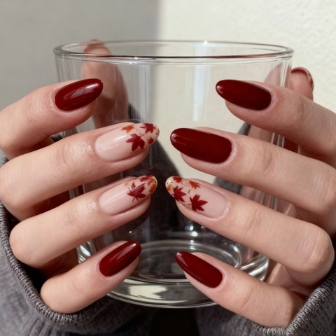 Press On Nägel Mandelform Herbst Ahornblatt Muster Burgund Rot Glänzende Künstliche Fingernägel Für Damen French Style