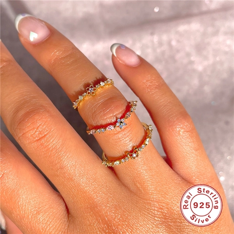 Women 925 Sterling Silver Ring Gold Plated Colorful Cubic Zirconia Flower Butterfly Crown Shape Elegant Jewelry Gift