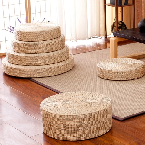 Round Straw Woven Floor Pouf Seat Cushion Handwoven Tatami Meditation Pillow For Yoga Zen Living Room Decor