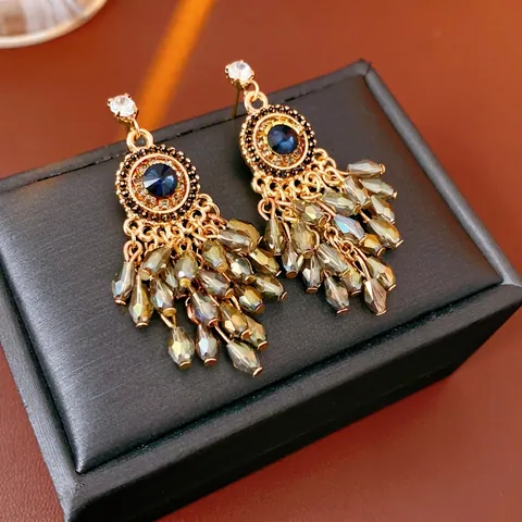 Retro Tassel Earrings Bohemian Style Gold Alloy Blue Gemstone Glass Beads With Silver Earring Post For Women Ethnic Luxury