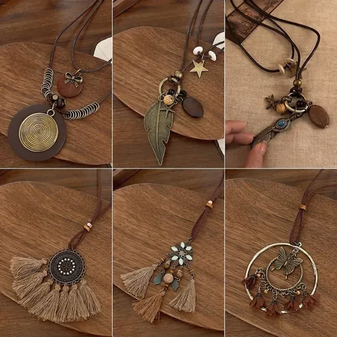 Collana Lunga Con Pendente Bohemien Lega Legno Corda In Cuoio Nappa Strass Etnico Retrò Gioielli Per Donna