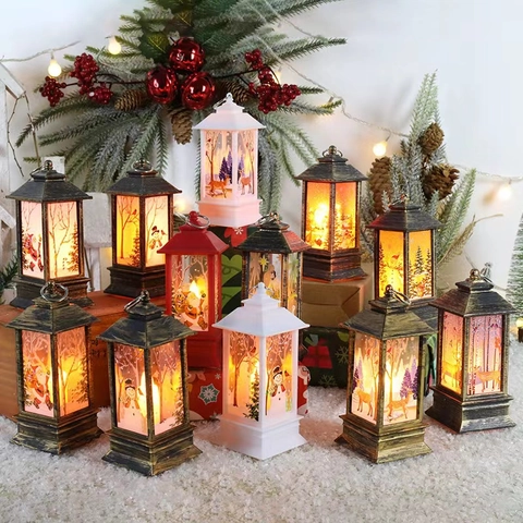 Christmas Led Lantern Decorative Night Light Retro Pvc Desktop Ornament For Holiday Home Decor Santa Snowman Reindeer