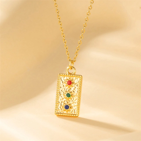 Hammered Rectangle Pendant Necklace Titanium Steel 18K Gold Plated Triple Star Colorful Rhinestones Vintage Jewelry For Women