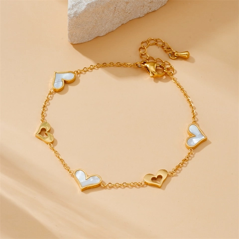 Pulsera De Corazón De Acero Inoxidable Chapado En Oro Nácar Blanco Concha Cadena Hueca Joyería Para Mujer Moda Elegante