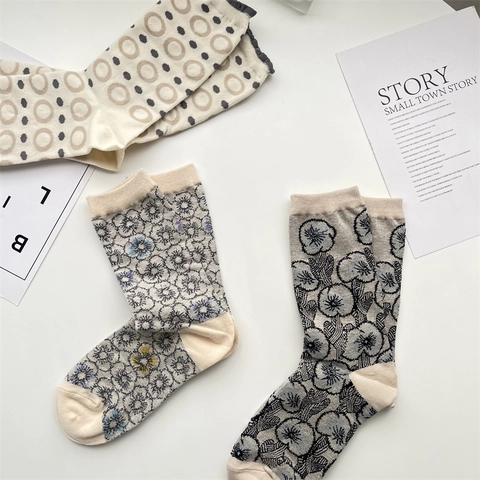 Chaussettes Mi-mollet Femmes Coton Doux Rétro Motif Floral Pois Style Japonais Respirantes Décontractées
