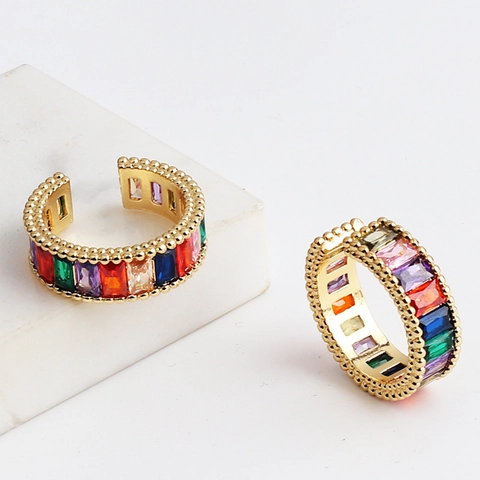 Bunter Zirkonia Verstellbarer Ring Kupfer Echt Vergoldet Regenbogen Kristall Geometrischer Modeschmuck Für Frauen