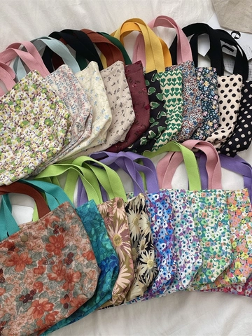 Borsa A Mano Vintage In Velluto A Coste Donna Mini Tote Con Stampa Floreale E Bottone A Pressione In Metallo