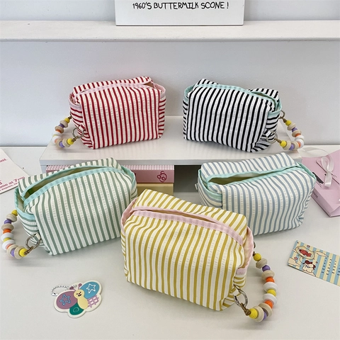 Striped Cotton Tissue Box Cover Hanging Storage Bag Portable Case With Colorful Beaded Handle For Car Office Desktop